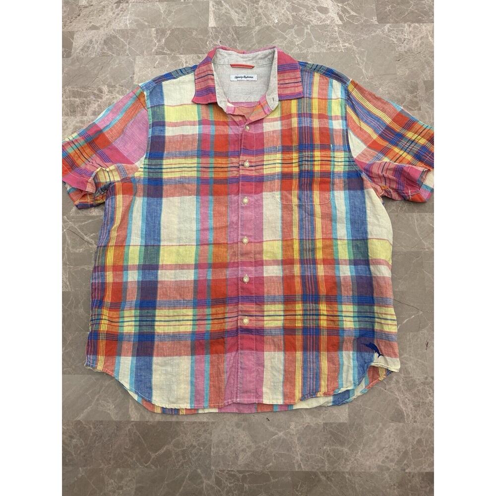 Tommy Bahama Mens Shirt L Plaid 100% Linen Short Sleeve Button Up Pastel Beach